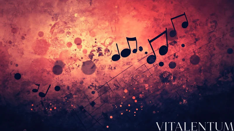 Musical notes on textured red gradient abstract background.