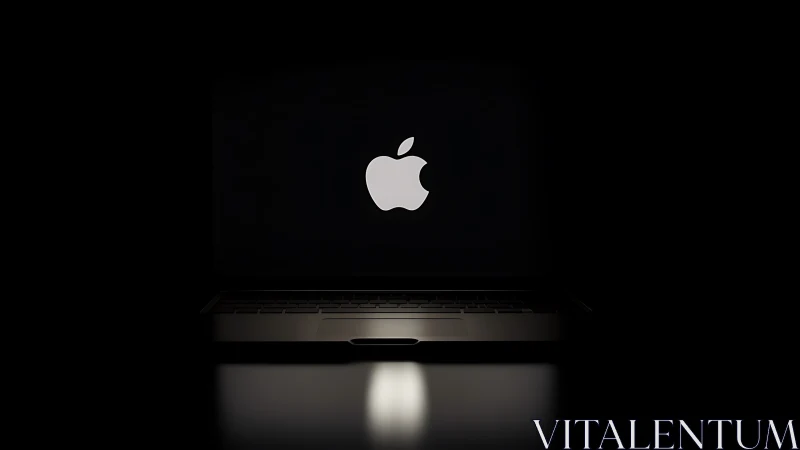 Laptop with glowing apple logo in dark minimal studio.