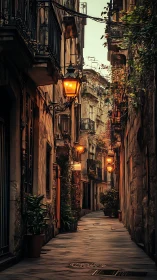Narrow old town alleyway with warm street lamps at dusk