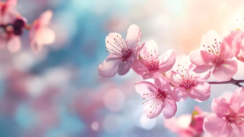 Pink cherry blossoms blooming on soft blue bokeh background