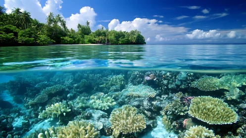 Tropical island shoreline with clear reef water split view.