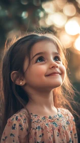 Young Girl Looking Upward With Wonder in Warm Light