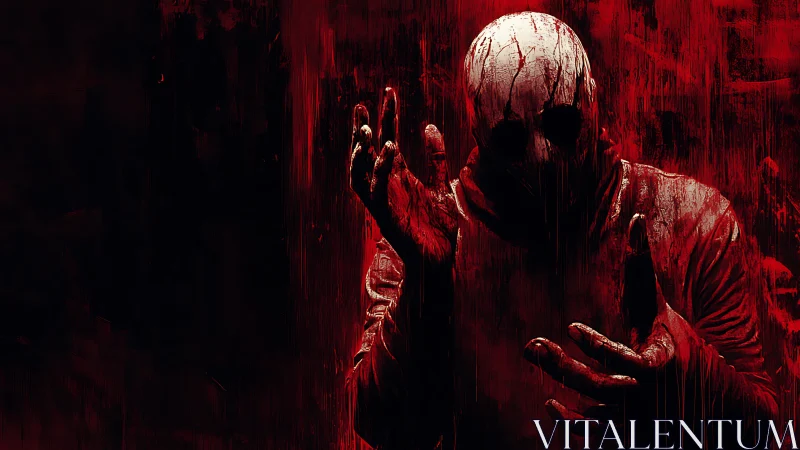 Blood-drenched masked figure emerging from abstract red void.