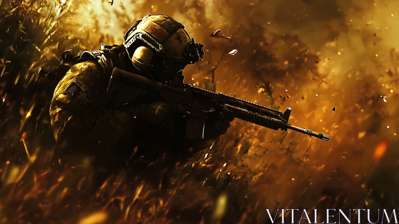 Soldier with rifle in dense field amid drifting debris.