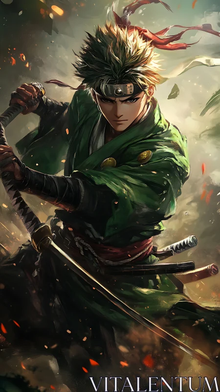 Green-clad anime swordsman in dynamic battle stance.