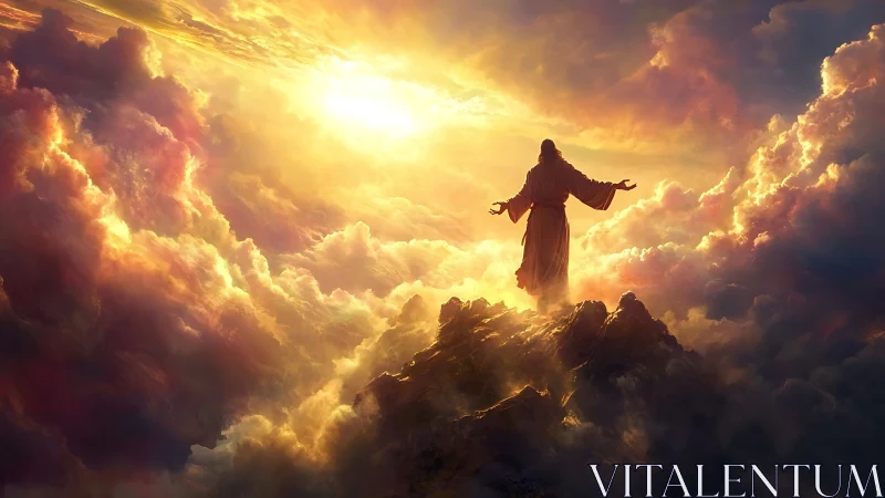 Radiant robed figure on sunlit peak above glowing clouds.