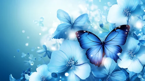 Blue morpho butterfly glows over ethereal floral field.