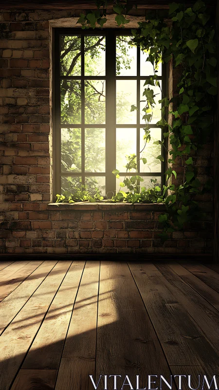 Sunlit brick wall window frames ivy and wood floor
