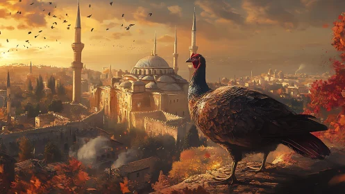 Turkey overlooking autumn cityscape and domed mosque at dusk.