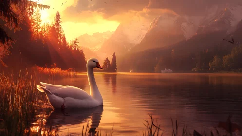 Graceful swan drifting through a golden mountain sunset.