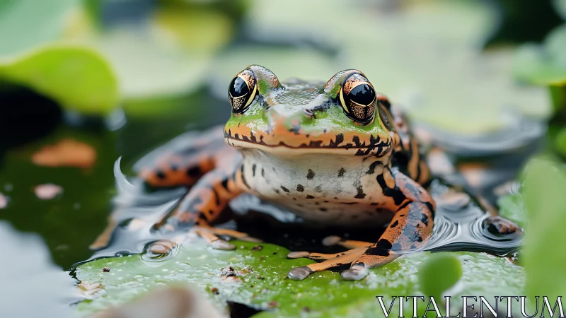Close-up image shows a patterned frog resting on floating leaf