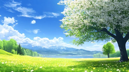 Blossom-laden meadow under storybook mountains and sky.