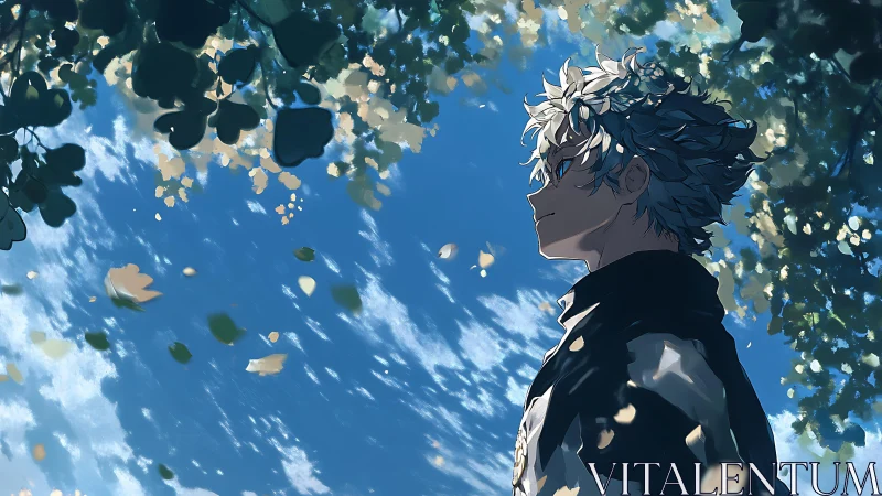 White haired anime boy stands under leafy trees and sky