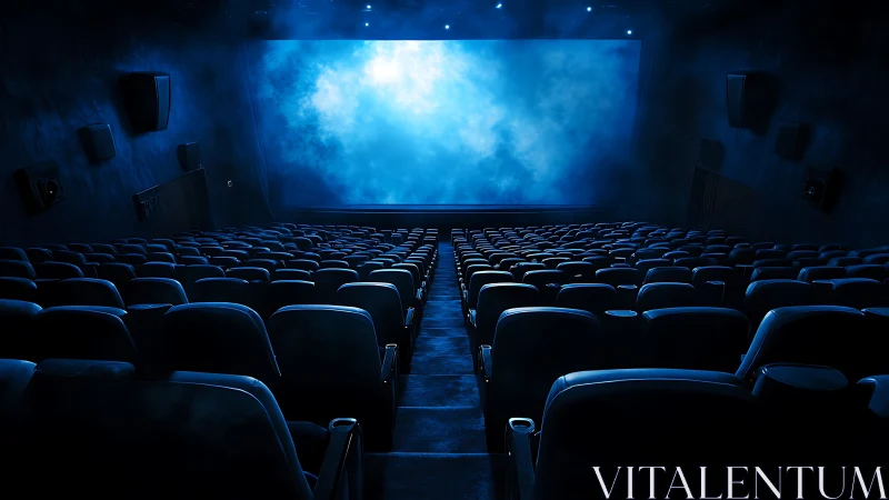 Empty cinema breathes blue light toward waiting stories