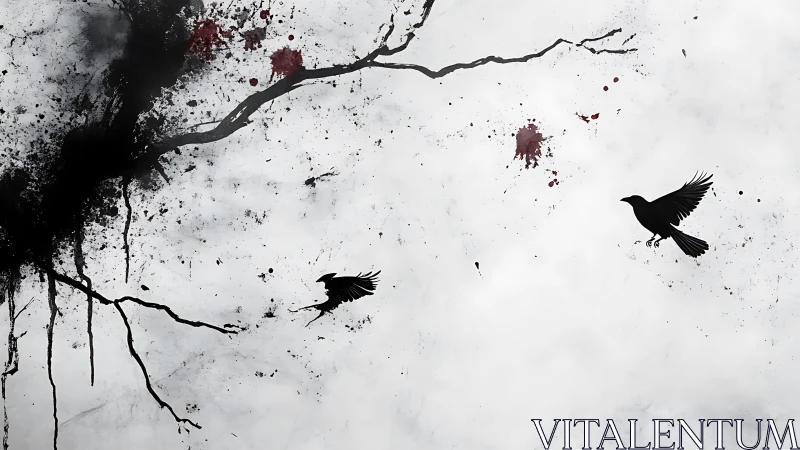 Night crows glide past inky branches across misty sky