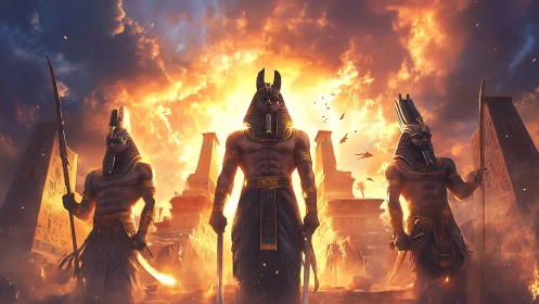 Sun-forged jackal pharaohs stride through blazing eternity.