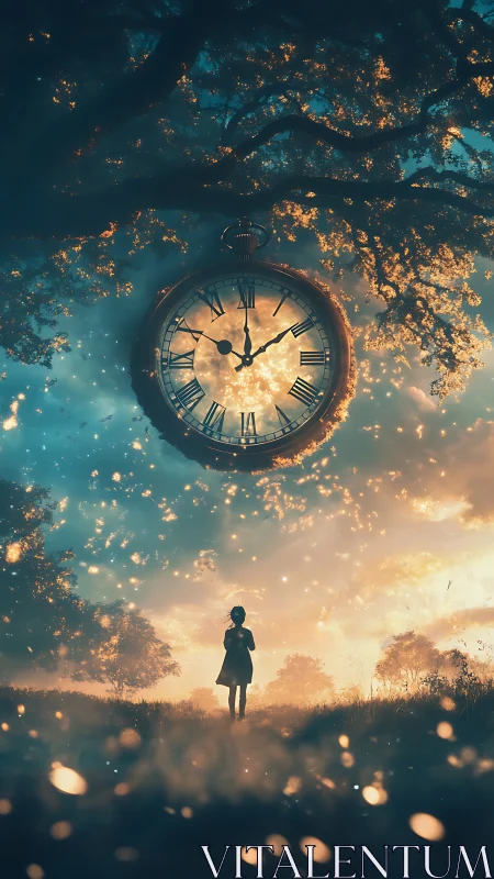 Gigantic luminous pocket watch suspended above solitary child