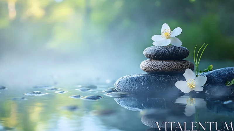 Zen stones and white flowers by tranquil water, nature-inspired calm.