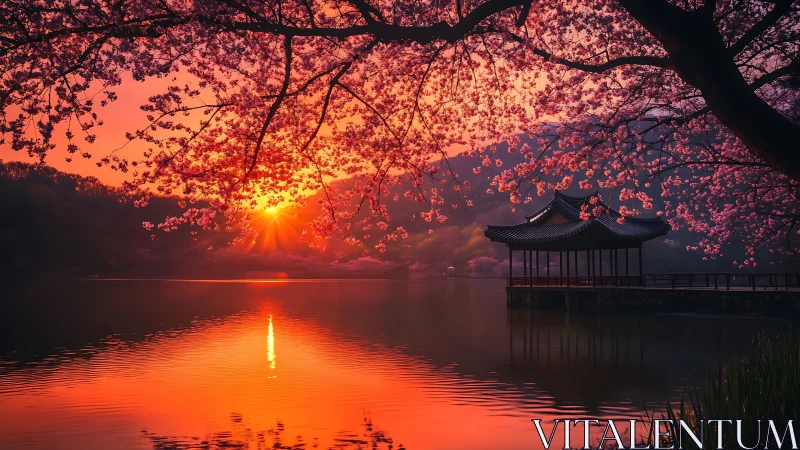Cherry blossom sky filters a molten lake sunset into hush