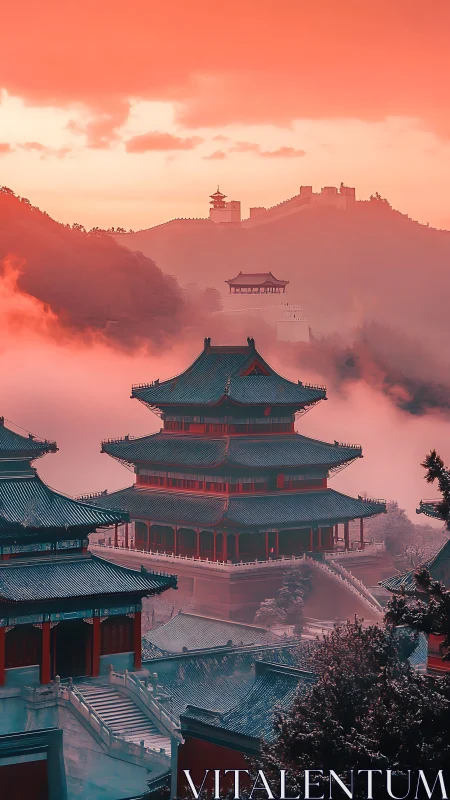 Layered pagoda complex under diffuse red atmospheric haze at dawn