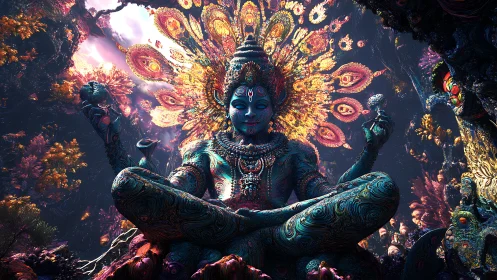 Cosmic lotus deity dreaming in neon fractal starlight.