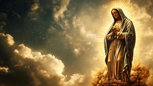 Golden robed female figure with halo amid luminous clouds.