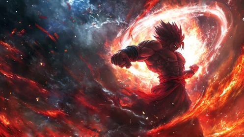 Dynamic anime warrior amid cosmic flame vortex composition.