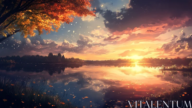 Sunset light reflects across calm autumn lake surface