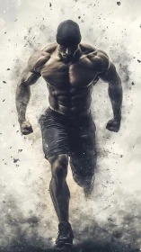 Muscular male runner emerging through smoky debris field.