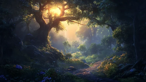 Ancient forest clearing with sunburst through majestic tree canopy