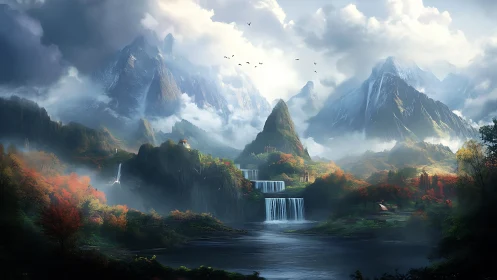 Layered alpine waterfalls in misty autumn fantasy valley