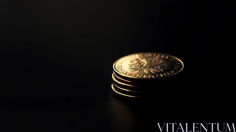 Low-key macro stack of gold coins under directional side lighting
