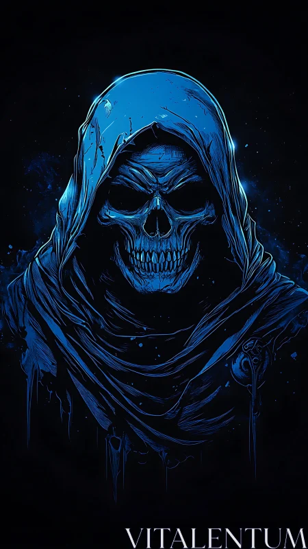 Hooded skeletal figure rendered in blue on dark field.