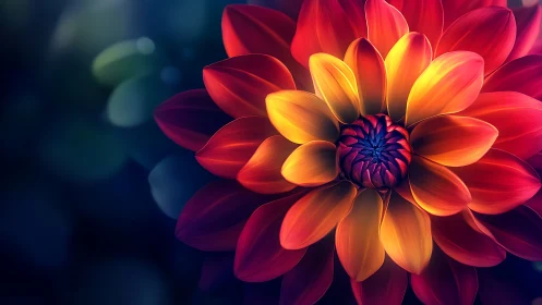 Red and yellow dahlia flower with spiral center structure.