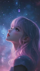 Girl gazes upward into dense star field with colored light