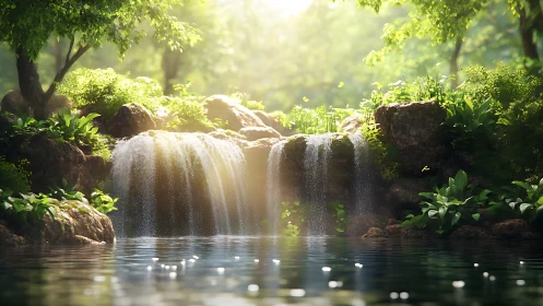 Waterfall cascades over mossy rocks into calm forest pool