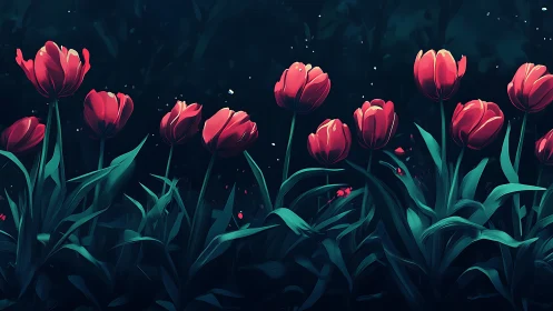 Glowing Tulips in Dark Garden Light.