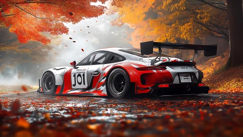 GT race car slicing through cinematic autumn forest scene.