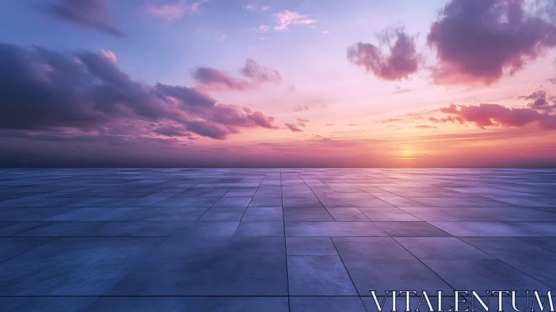 Expansive tiled surface under layered clouds at sunset.