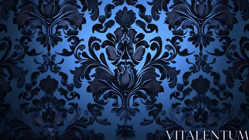 Dark blue baroque floral pattern on textured wallpaper