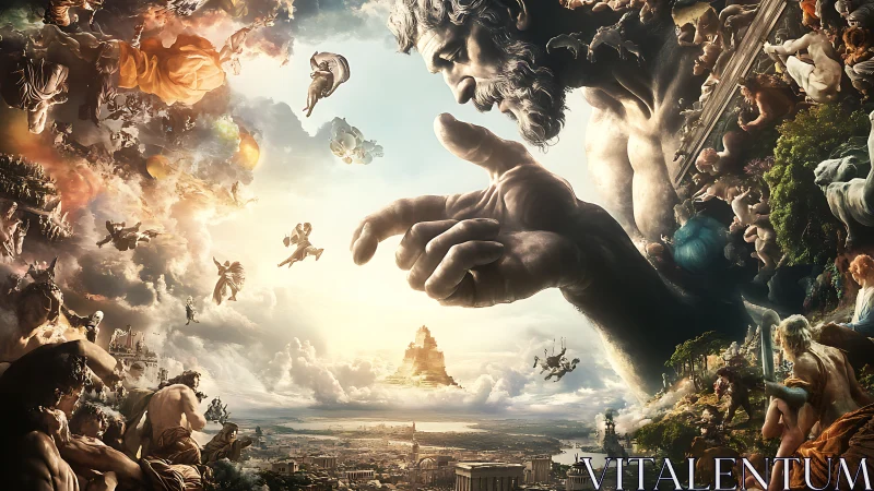 Mythic god reaches over a luminous celestial kingdom