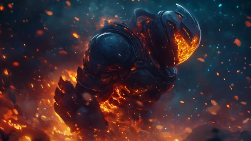 Armored figure with thermal illumination in particle field.