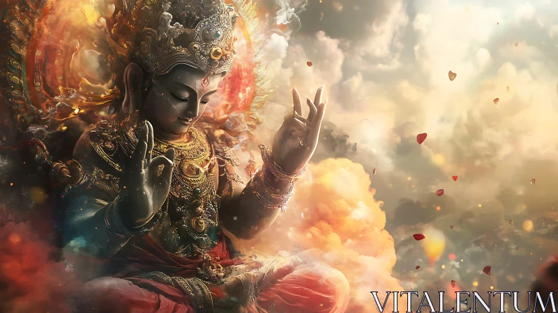 Digital deity figure sits amid clouds and diffuse light