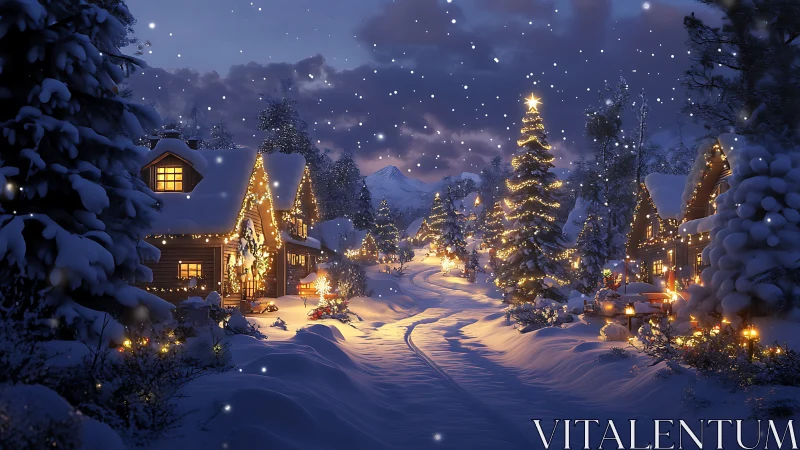 Snowy village glows with cozy cottages and festive lights