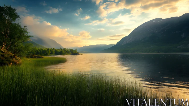 Mountain lake shoreline reflects soft evening sky light