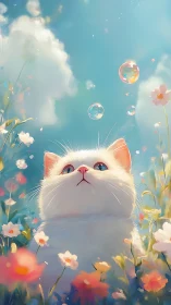 Prismatic Gaze: Where White Whiskers Dream Among Floating Worlds