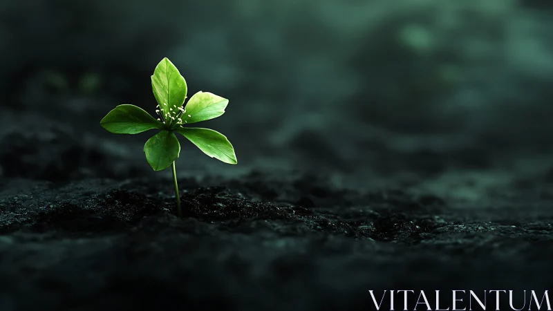 Tender green sprout rising softly from shadowed soil.