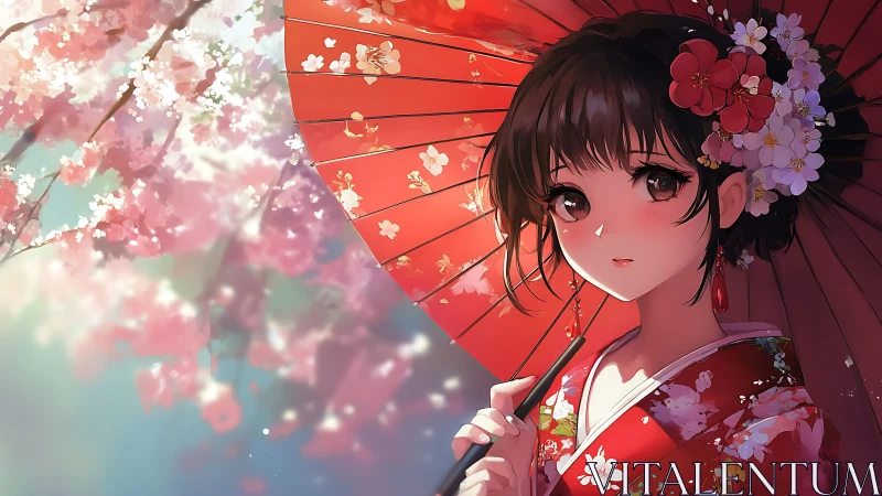Kimono girl holds red parasol under soft cherry blossoms