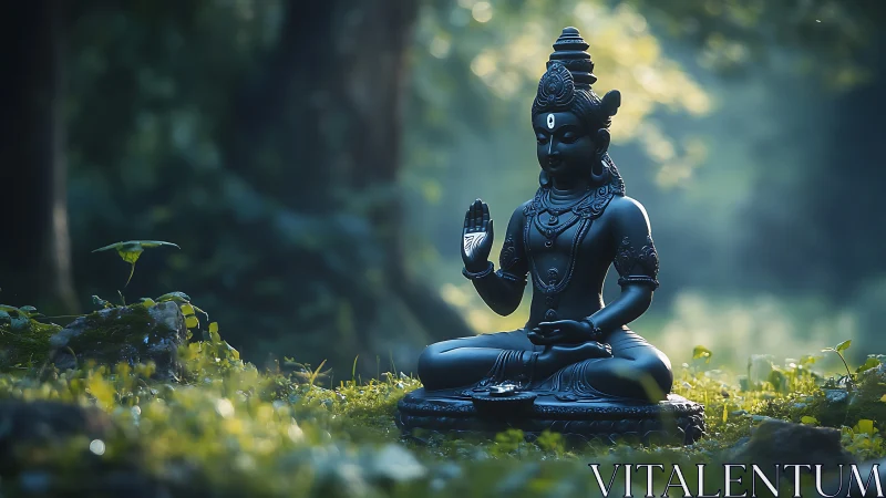 Meditating deity statue in blue light within forest clearing.