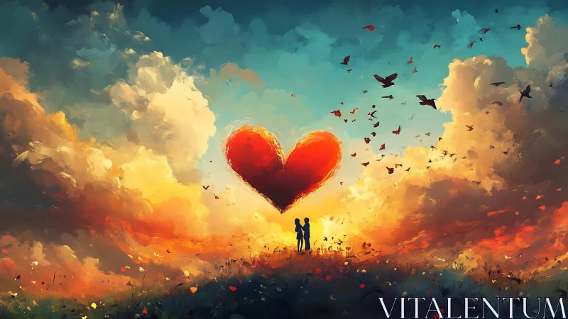 Silhouetted couple under oversized heart in dramatic sky